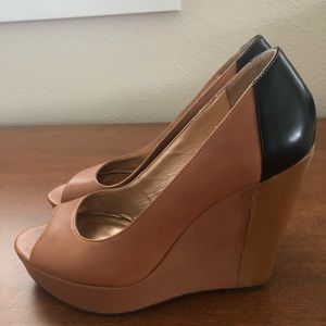 Brown and black false leather wedges